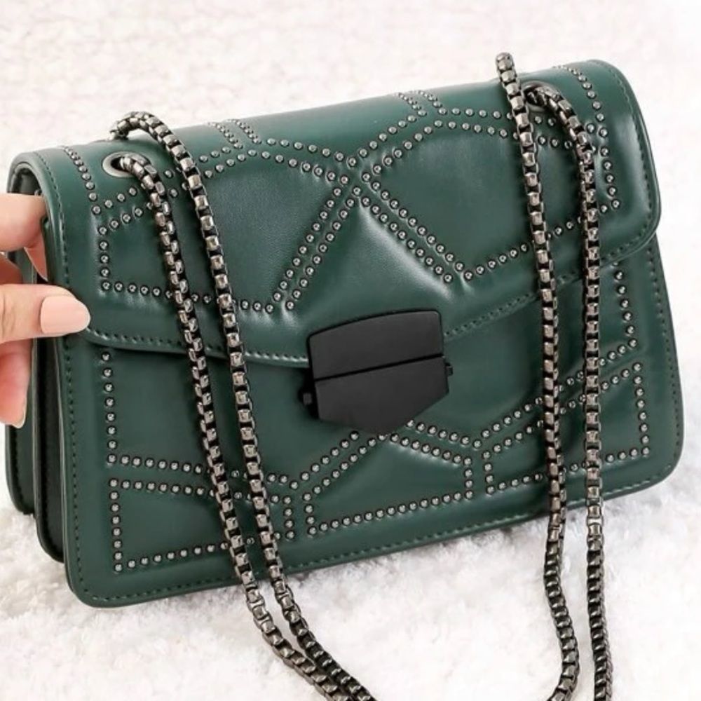 New Rocker Green Vegan Leather Studs Handbag Purse Inspired Trending - Picture 6 of 9